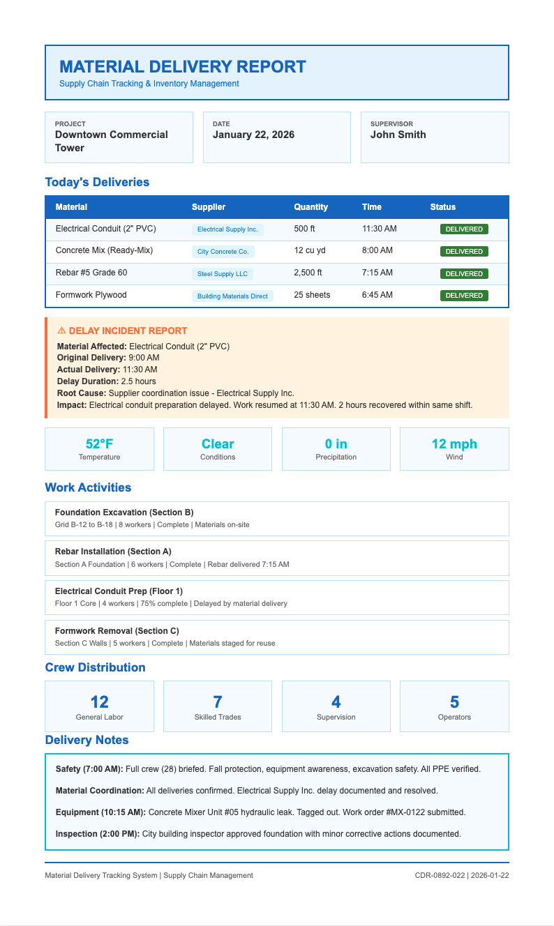 Material delivery construction report